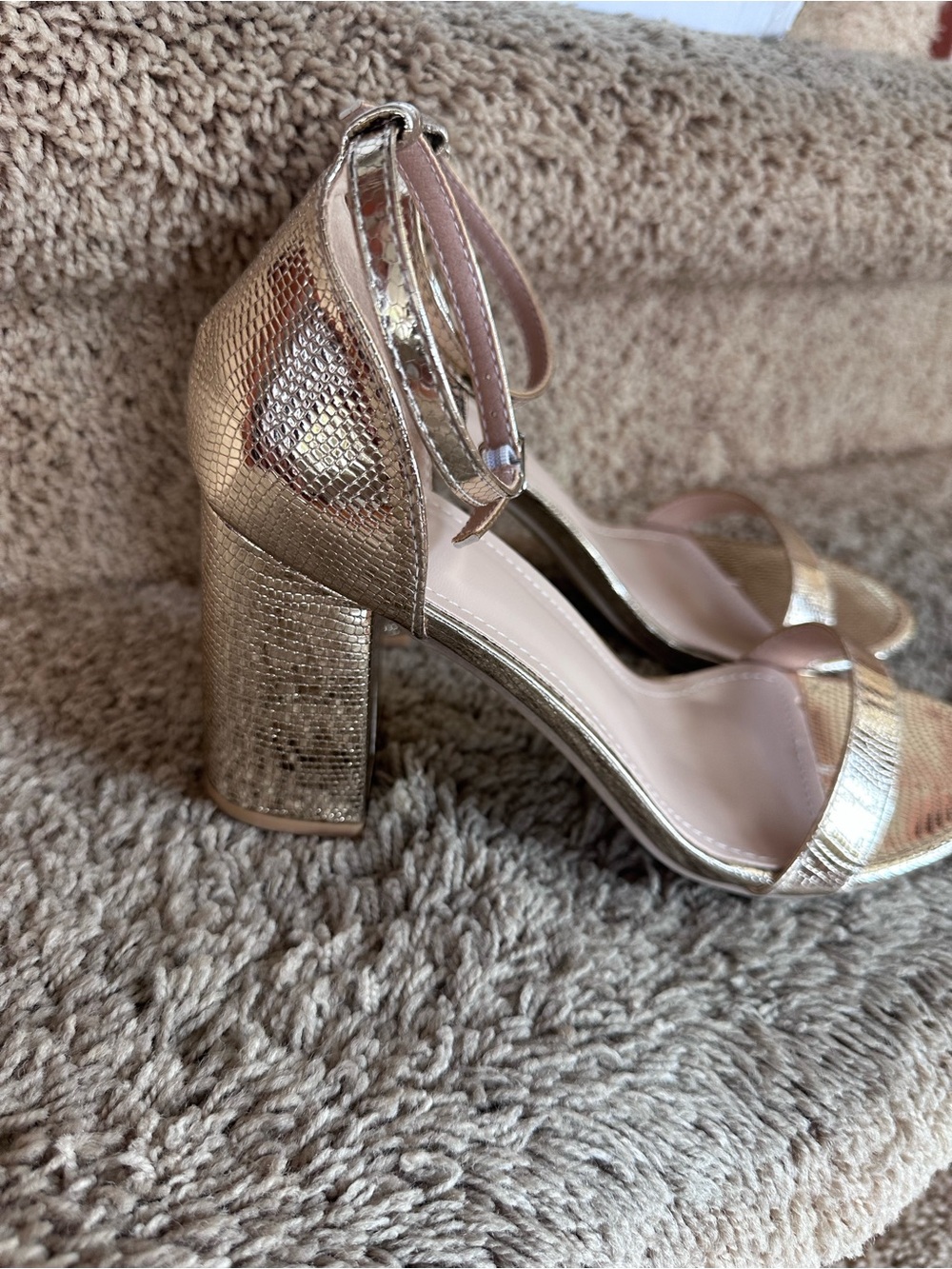 Metallic Gold Block Heel Sandals with Ankle Strap